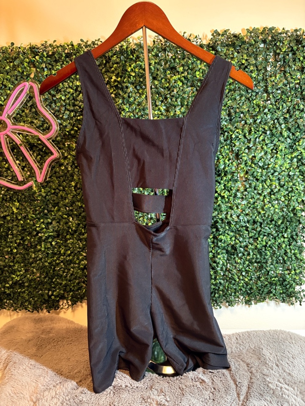 FP Movement by Free People Black Ribbed Cutout Jumpsuit Romper Size Small